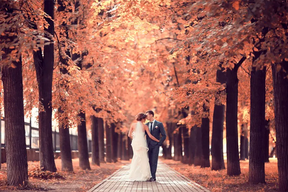 Frisch verheiratetes Paar bei wundervoller Herbststimmung
