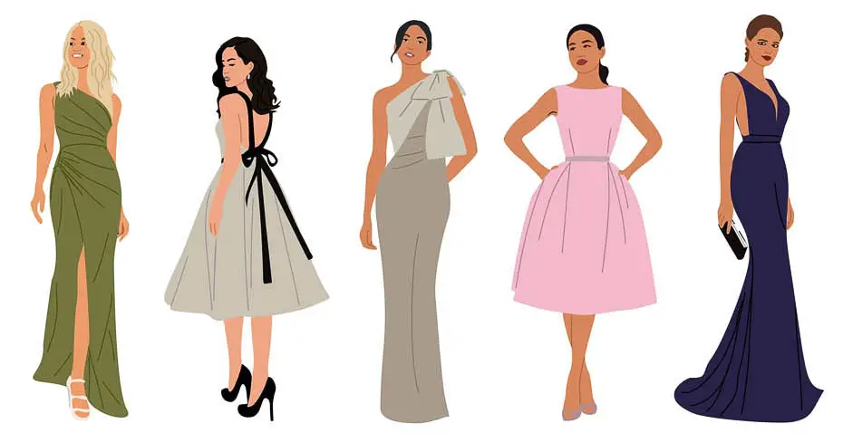 Infografik mit verschiedenen Damen-Outfits zur Hochzeit