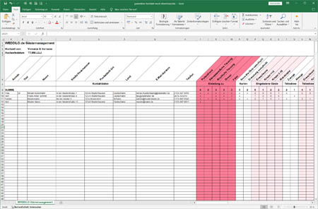 Gästeliste zur Hochzeit: Vorschau der Excel-Datei